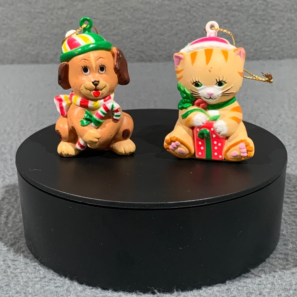 W.A. 1985 Hong Kong Christmas Ornaments Vintage Cat Dog PVC Set Holiday Kitsch
